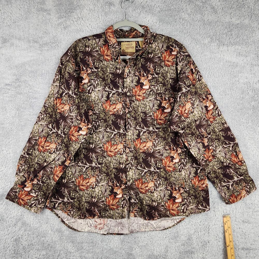 Outdoor Life Field Tested Shirt Mens XL Green Deer Graphic Camo Hunting Fall Y2k